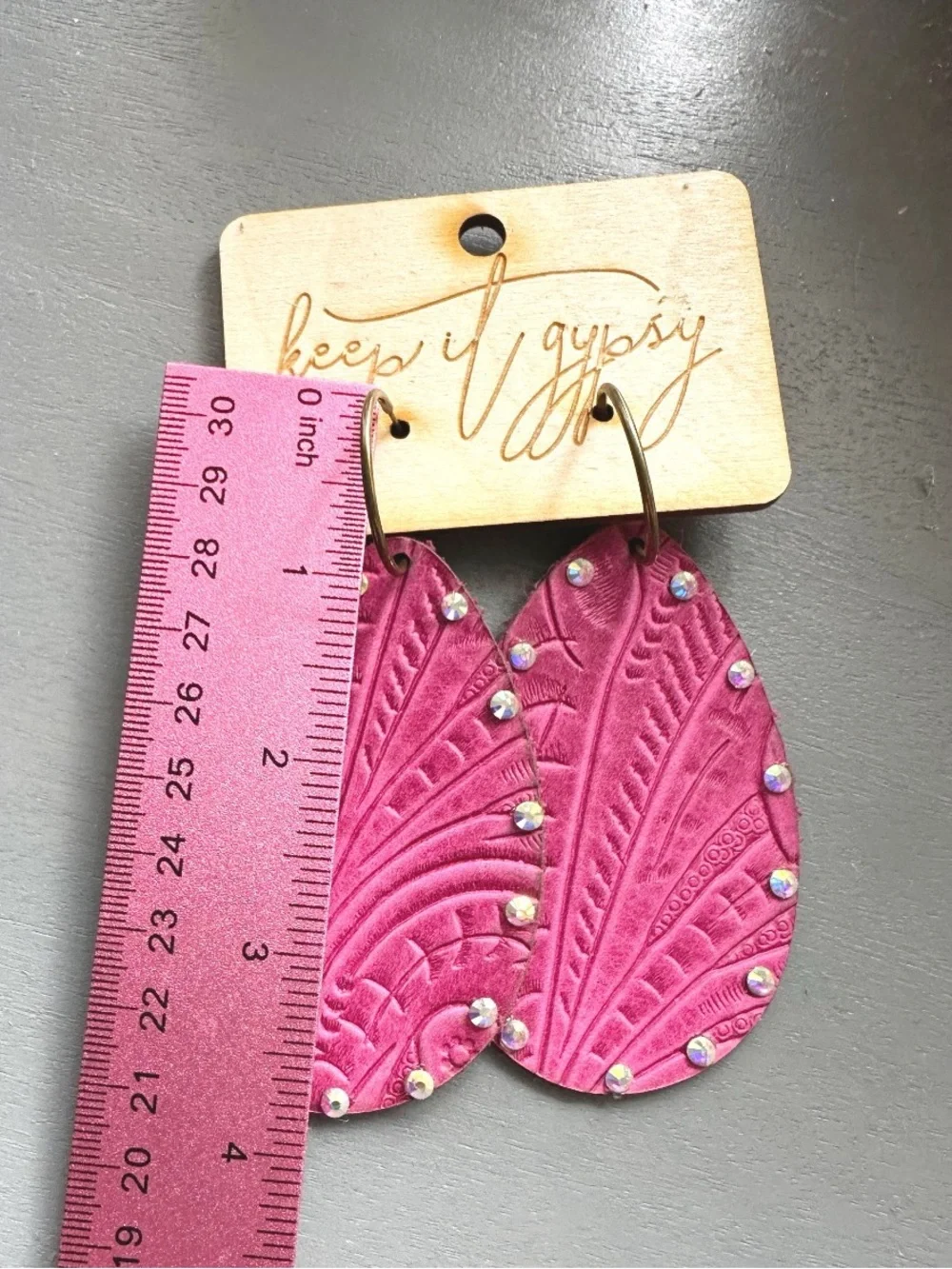 Keep it Gypsy Hot Pink Tooled Leather Teardrop Shaped earrings NWT